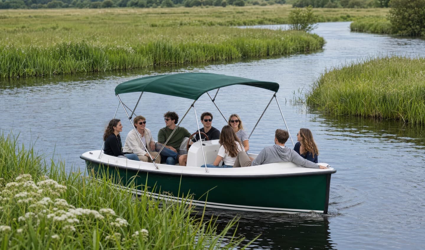The Whooper moving down a narrow channel through the Callows with a group aboard, meadowsweet flowering on the near bank